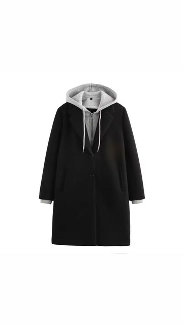BLACK COAT WITH GRAY HOODIE