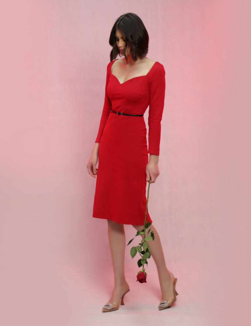 Red Square Neckline Midi Dress