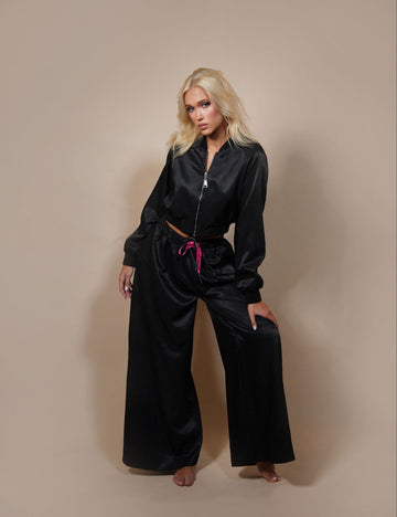 Two Pieces Black Satin Set