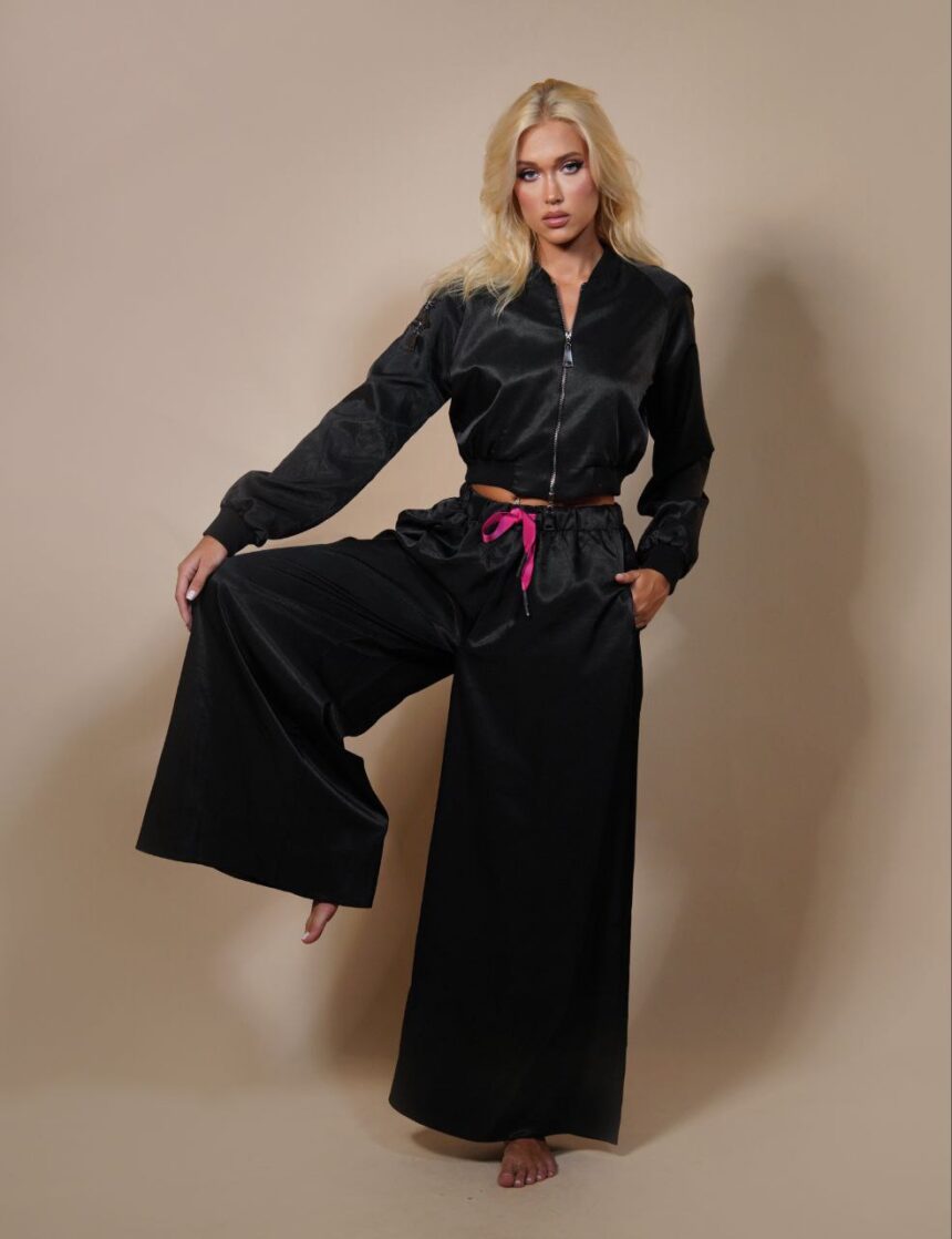 Two Pieces Black Satin Set